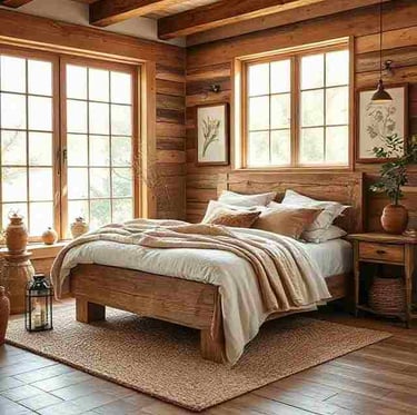rustic bedroom design with reclaimed wood headboard and natural textures
