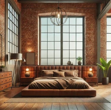 industrial bedroom with exposed brick wall, metal bed frame, and reclaimed wood furniture