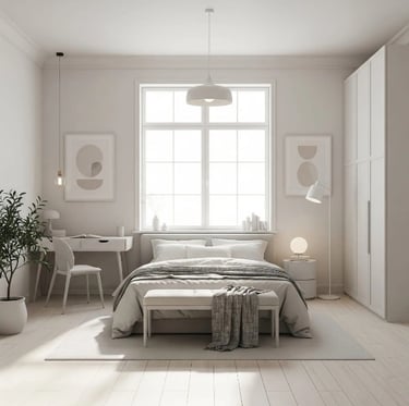 Serene White Minimalist Bedroom Design with Clean Lines and Cozy Modern Decor