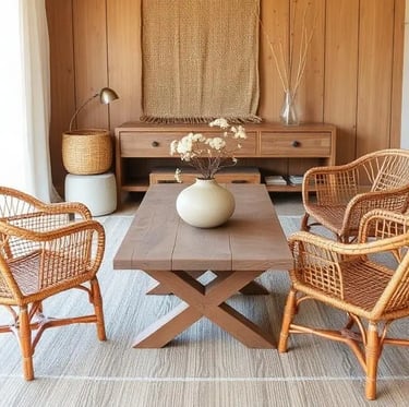 Afro bohemian Cozy seating area with a neutral sofa, wooden coffee table, and woven chair
