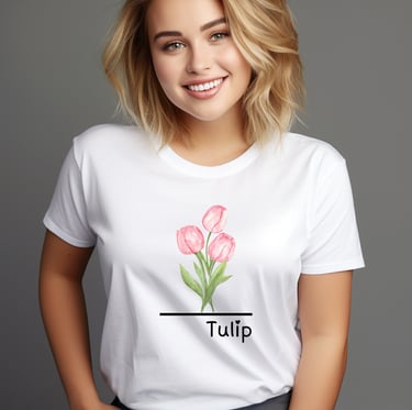 a woman with blonde hair and a white shirt with a tulip