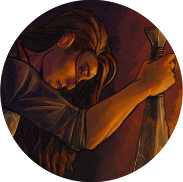an illustration depicting a long-haired character with brown skin kneeling and holding a sword.