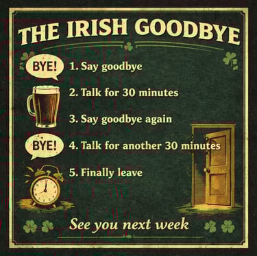 Vintage poster explaining The Irish Goodbye steps with a beer mug and alarm clock icons.