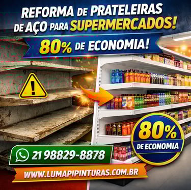 Reforma de prateleiras de aço supermercados com pintura profissional e economia de 80%.