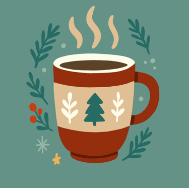 An illustration of a warm cup with steam rising with Christmas tree motifs & surrounded by greenery.