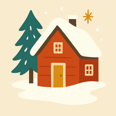 A cozy illustration of a small house with snow on the roof and a Christmas tree beside it.