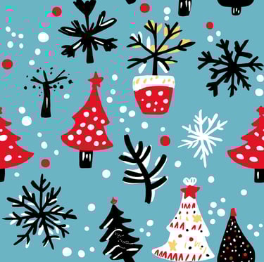 A cheerful seamless pattern with Christmas trees, snowflakes & holiday elements in blue, red & white