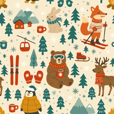 A seamless Christmas pattern with winter animals, trees, and holiday elements on a light background.