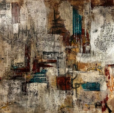 Neo-expressionism art, mixed media collage painting. Laurence Moracchini Ditchling East Sussex artist.