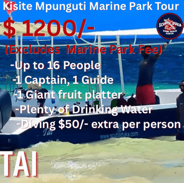 Kisite Mpunguti Marine Park boat tour advertisement for Scuba Duka Diani Beach Kenya.