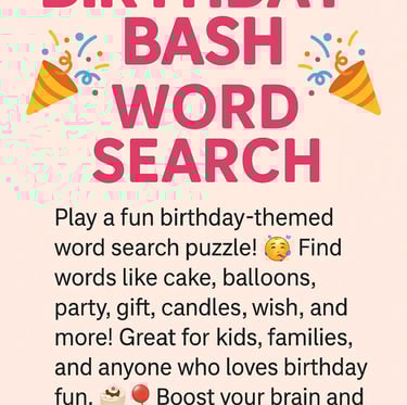 Birthday Bash Word Search 