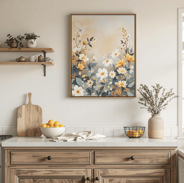 Warm, inviting kitchen with meaningful canvas wall art that completes the space.