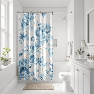 Blue and white floral shower curtain in small bathroom – blog post by URunique21