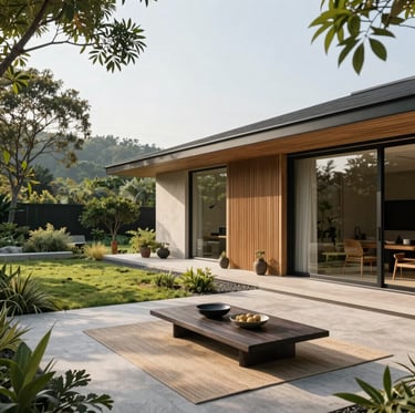A sleek green construction site surrounded by lush trees, showcasing eco-friendly building materials in use.