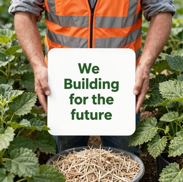 A sleek green construction site surrounded by lush trees, showcasing eco-friendly building materials in use.