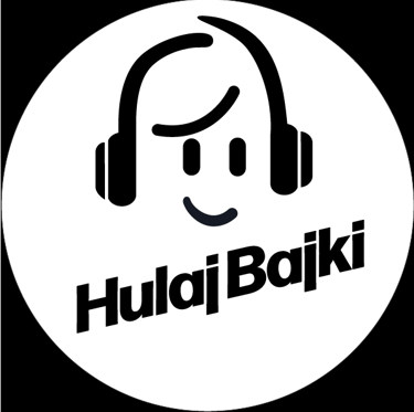 Logo HulajBajki - uśmiech dziecka w słuchawkach, czarny znak na białym tle.