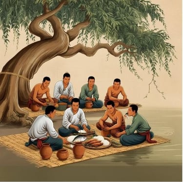 công nhân nghỉ ngơi ăn trưa khi xây dựng công trình kênh Vĩnh Tế