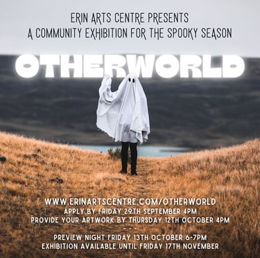 An ad for the Otherworld exhibition featuring a person in a white robe standing on a hill