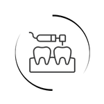 Line art icon of a dental drill procedure on teeth for cavity repair and dentistry services.