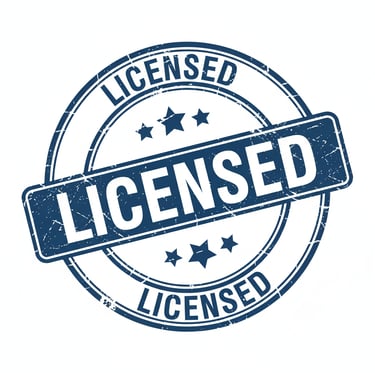 a blue and white sign with the word licensed