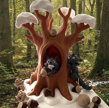 a winter scene featuring squirrels and a tree stump