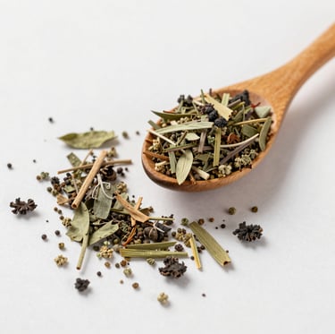 Close-up of steaming organic tea in a rustic cup surrounded by fresh herbs and tea leaves.