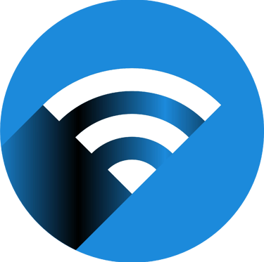 Icône de connexion Internet représentant un symbole Wi-Fi blanc sur fond bleu.