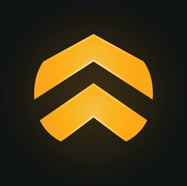 Golden chevron up arrow logo icon on a black background representing growth and success.