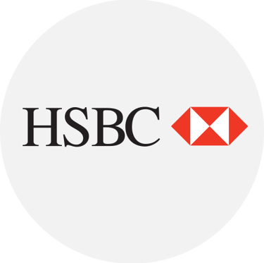 The HSBC bank logo featuring black serif typography and a red and white hexagon symbol.