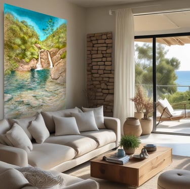 Grande peinture acrylique sur toile de lin brut (1,62 x 2,40 m) accrochée dans un salon au style méd