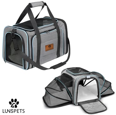 Stijlvolle grijze Lunspets reismand voor katten en honden met uitklapbare compartimenten.