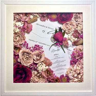 Memory Box frame with preserved flowers and keepsakes in a thin white frame