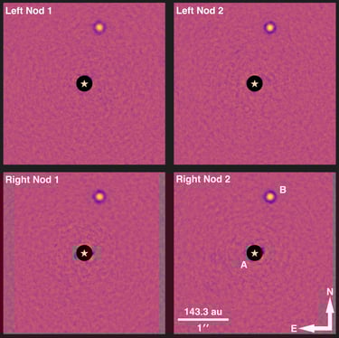 4-panel figure showing a directly imaged brown dwarf companion as observed by the Large Binocular Telescope.