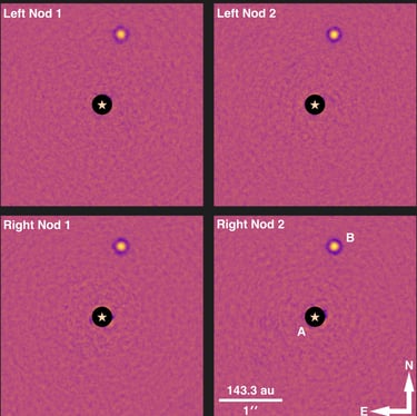 4-panel figure showing a directly imaged brown dwarf companion as observed by the Large Binocular Telescope.