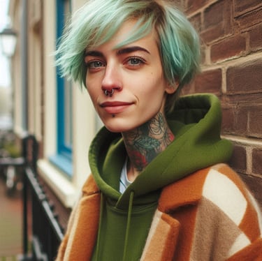 image of a woman face, she has green hair