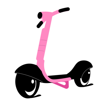 Różowa hulajnoga z czarnymi błotnikami i zmrużonymi oczami zamiast kółek.