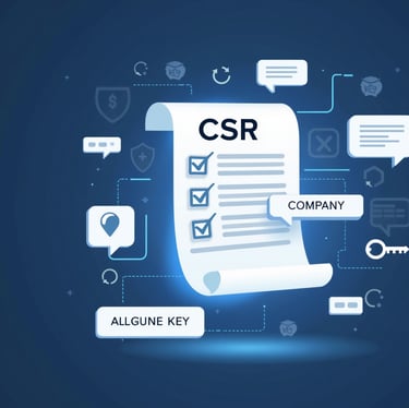 üzerinde CSR yazan bir belge ve çevresinde Domain, Private Key gibi yazılar