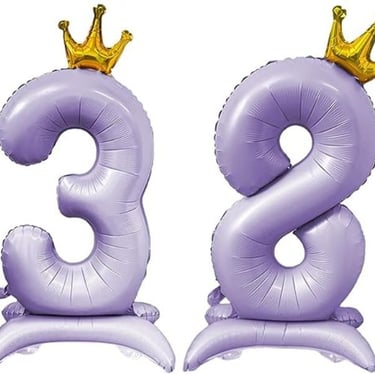 Large purple crown number balloon with base, foil standing birthday decoration for parties.