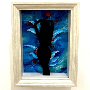 a painting of a woman in a black dress and a red flower