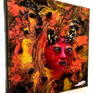 a painting of a woman's face with a red mask
