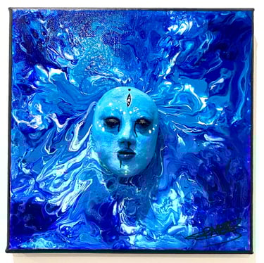 Ilona Paris tableau d'une sculpture bleue qui émerge d'un tableau bleu