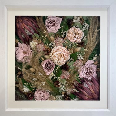 Flower Wall preserved wedding bouquet in a thin white frame