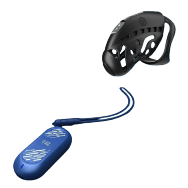 a picture of a black chastity cage next to a blue lockbox