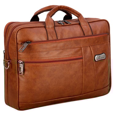 a brown leather office bag with multiple compartments