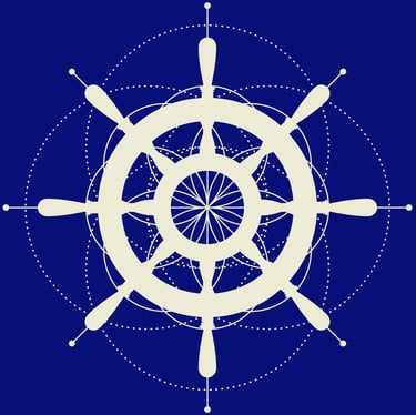 a white ship wheel with a blue background