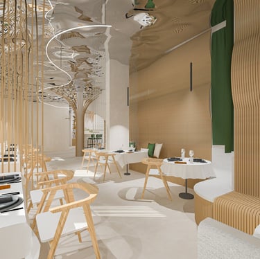 a restaurant with a wooden table and chairs