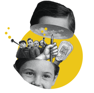 Collage aus Kindern, einer Glühbirne und einem Bleistift, der aus einem offenen Kopf herausragt.