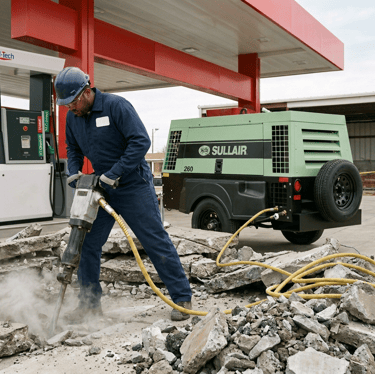 Técnico de Petrosur C.A. operando compresor Sullair para remodelación de estación de servicio
