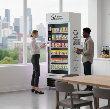 a woman standing in front of a vending machine