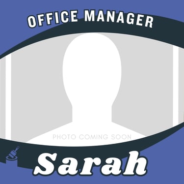 Portrait of Sarah, office manager, with the photo missing.